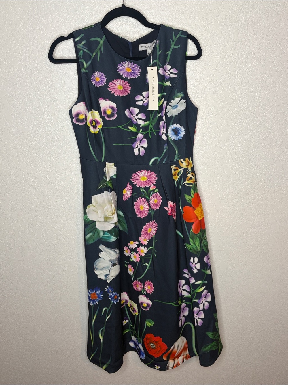 Kay Unger Navy Realistic Wild Flower Tea Length Dress Size 6 Special Occasion